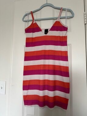 Striped V-Neck Mini Dress in Pink, Orange & White